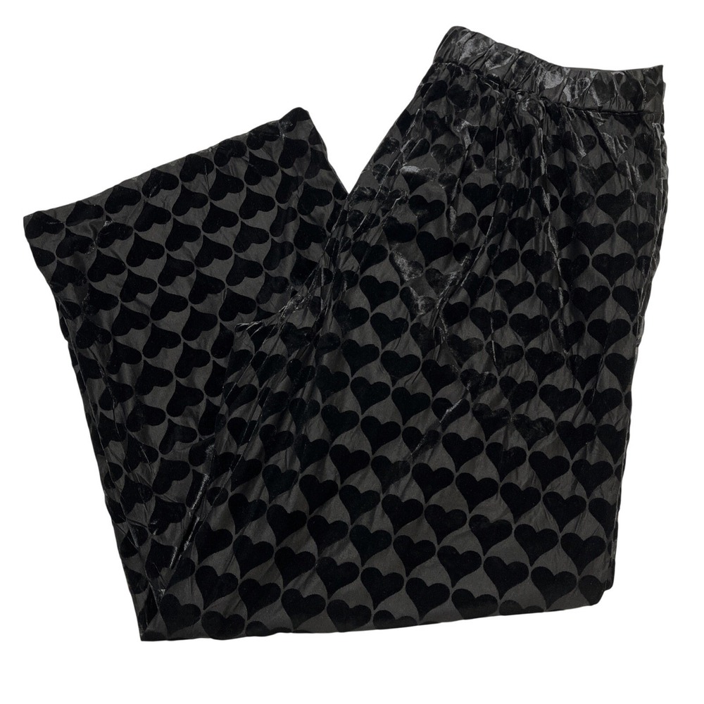 Eloquiiβ Pants Black Crushed Velvet Heart Print Size 18 Wide Leg Event Cocktail